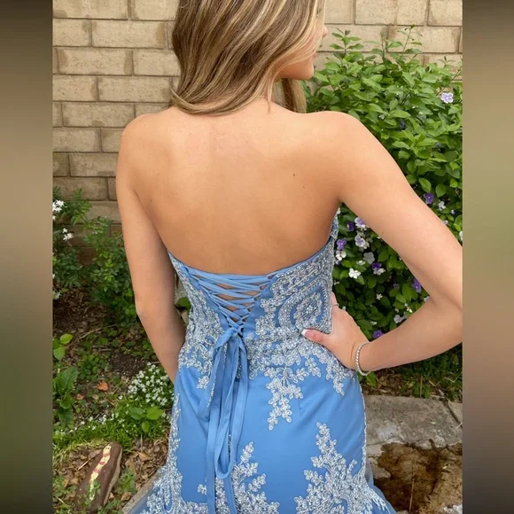 Strapless Carolina Blue Prom Dress with Silver Beading, sequins and gems. - Picture 3 of 4